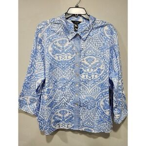 Ali Miles NWT Women's 3xl Blue Floral Paisley Button Up With Collar & 3/4 Sleeve